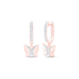 10K Gold Round Diamond Butterfly Hoop Dangle Earrings 1/6 Cttw