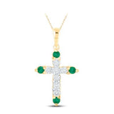 10K Yellow Gold Round Emerald Diamond Cross Pendant 1/5 Cttw