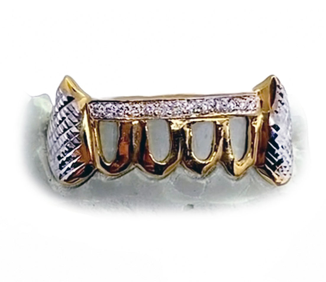 Open Face Grillz with Iced Out Bar and Diamond Cut Extended Fangs Top