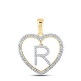 10K Yellow Gold Round Diamond Heart R Letter Pendant 1/4 Cttw