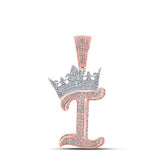 10K Two-Tone Gold Crown Initial I Pendant 1-1/3Ctw-Dia Rose/White