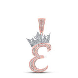 10K Two-Tone Gold Crown Initial E Pendant 1-1/5Ctw-Dia Rose/White