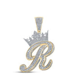10K Two-Tone Gold Crown Initial R Pendant 1-7/8Ctw-Dia Yellow/White