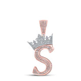 10K Two-Tone Gold Crown Initial S Pendant 1-1/5Ctw-Dia Rose/White