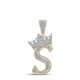 10K Two-Tone Gold Crown Initial S Pendant 1-1/5Ctw-Dia Yellow/White