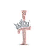 10K Two-Tone Gold Crown Initial T Pendant 1Ctw-Dia Rose/White