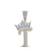 10K Two-Tone Gold Crown Initial T Pendant 1Ctw-Dia Yellow/White