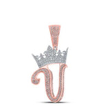 10K Two-Tone Gold Crown Initial V Pendant 1-1/5Ctw-Dia Rose/White