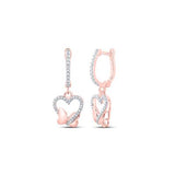 10K Rose Gold Round Diamond Butterfly Heart Dangle Earrings 1/4 Cttw