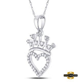 Sterling Silver Round Diamond Crown Heart Pendant 1/10 Cttw