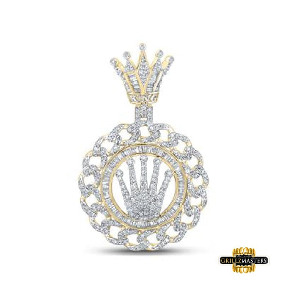 10K Yellow Gold Baguette Diamond Cuban Link Crown Pendant 1-7/8 Cttw