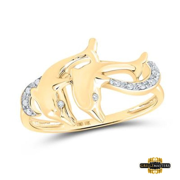 10K Yellow Gold Round Diamond Double Dolphin Accent Ring 1/20 Cttw