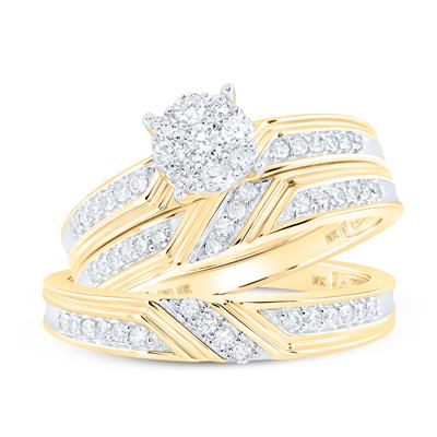 10K Yellow Gold Round Diamond Cluster Nicoles Dream Collection Matching Wedding Ring Set 1/2 Cttw