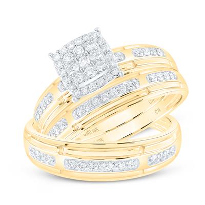 10K Gold Round Diamond Cluster Matching Wedding Ring Set 1/2 Cttw