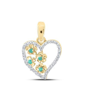 10K Yellow Gold Round Emerald Diamond Heart Pendant 1/8Cttw