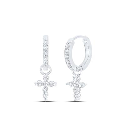 10K White Gold Diamond Cross Hoop Dangle Earrings 1/8 Cttw