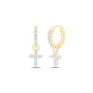 10K Gold Round Diamond Cross Hoop Dangle Earrings 1/8 Cttw