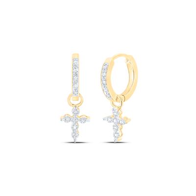 10K Gold Round Diamond Cross Hoop Dangle Earrings 1/8 Cttw