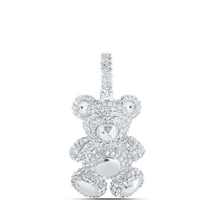 10K White Gold Round Diamond Teddy Bear Charm Pendant 1-1/3 Cttw