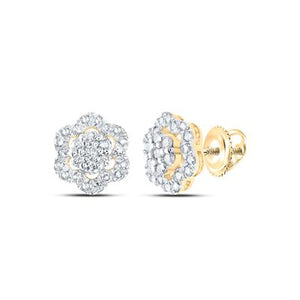 14K Yellow Gold Diamond Flower Cluster Earrings 1/2 Cttw