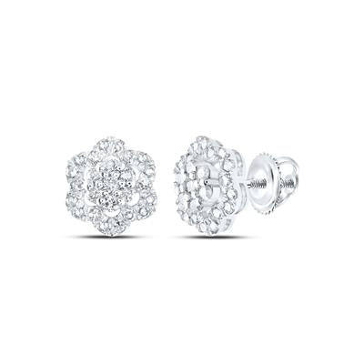 14K White Gold Diamond Flower Cluster Earrings 1/2 Cttw