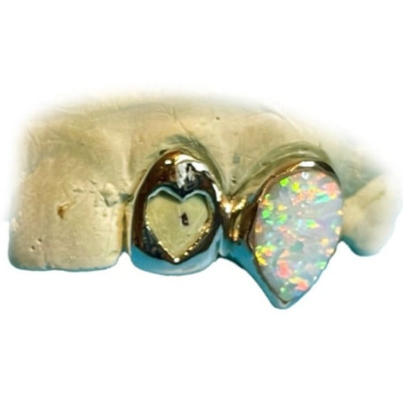 Natural Opal Extended Fang with Heart Window Grillz Top or Bottom 2pc