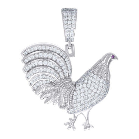 925 Sterling Silver Mens White & Purple Moissanite Rooster Pendant