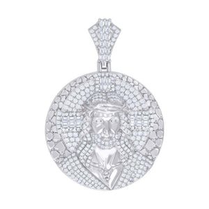 925 Sterling Silver Mens Round Baguette Moissanite Jesus Pendant