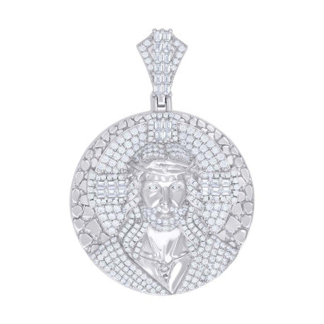 925 Sterling Silver Mens Round Baguette Moissanite Jesus Pendant