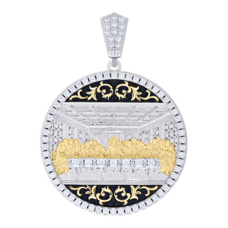 925 Sterling Silver Yellow Mens Baguette Round Moissanite Last Supper Pendant