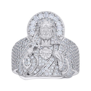 925 Sterling Silver Mens Round Baguette Moissanite Jesus Ring