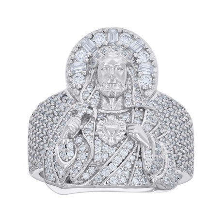 925 Sterling Silver Mens Round Baguette Moissanite Jesus Ring