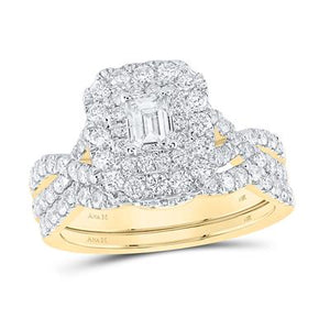 14K Gold Emerald Diamond Halo Bridal Wedding Ring Set 1-1/2 Cttw (Certified) White