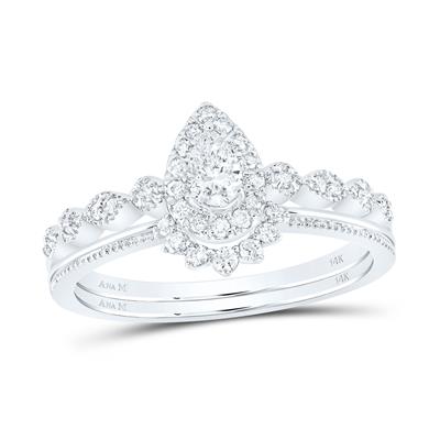 14K White Gold Pear Diamond Bridal Wedding Ring Set 3/8Cttw (Certified)