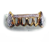 Open Face Grillz with Iced Out Bar and Diamond Cut Extended Fangs Top or Bottom