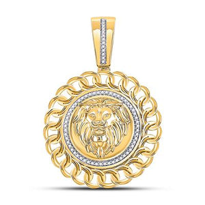 10K Yellow Gold Round Diamond Lion Face Circle Pendant 1/5 Cttw