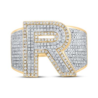 10K Two-Tone Gold Round Diamond R Initial Letter Ring 1-1/4 Cttw