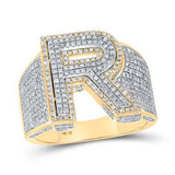 10K Two-Tone Gold Round Diamond R Initial Letter Ring 1-1/4 Cttw
