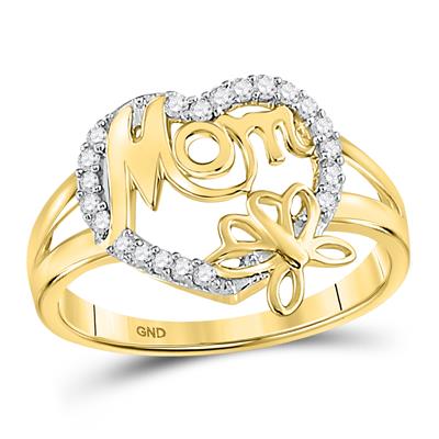 10Kt Yellow Gold Round Diamond Mom Heart Butterfly Ring 1/6Cttw