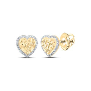 10K Yellow Gold Round Diamond Nugget Heart Earrings 1/10 Cttw