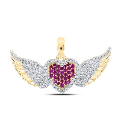 10K Yellow Round Ruby Diamond Wing Heart Pendant