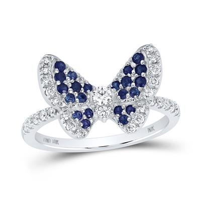 10K White Gold Round Blue Sapphire Diamond Butterfly Ring 5/8 Cttw