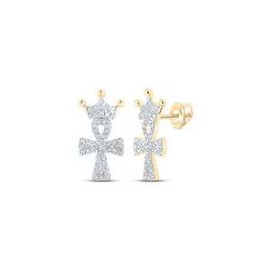 10K Yellow Gold Diamond Crown Ankh Cross Earrings 1/4 Cttw
