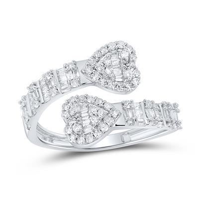10K White Baguette Diamond Cuff Bypass Heart Rings 5/8 Cttw Size 7