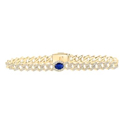 10K Yellow Gold Oval Blue Sapphire Diamond Cuban Link Bracelet 4-1/5 Cttw