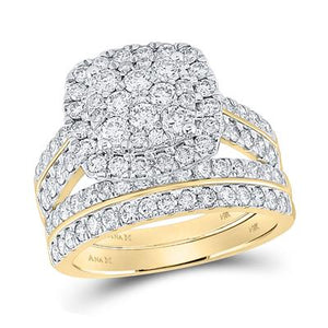 14K Yellow Gold Round Diamond Square Bridal Wedding Ring Set 2 Cttw