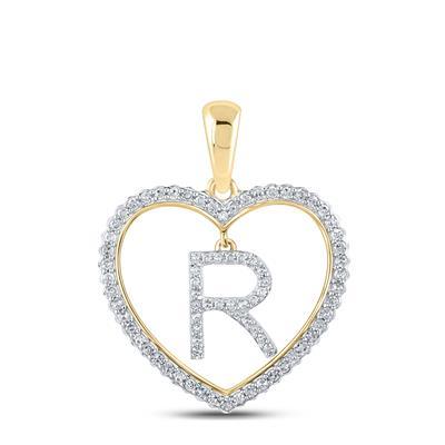 10K Yellow Gold Round Diamond Heart R Letter Pendant 1/4 Cttw