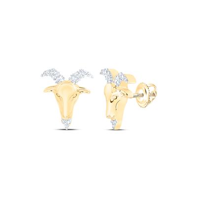 10K Yellow Gold Round Diamond Zodiac Aries Goat Stud Earrings 1/10 Cttw