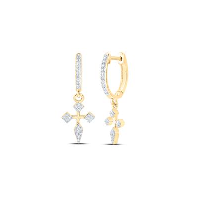 10K Yellow Gold Diamond Cross Hoop Dangle Earrings 1/6 Cttw
