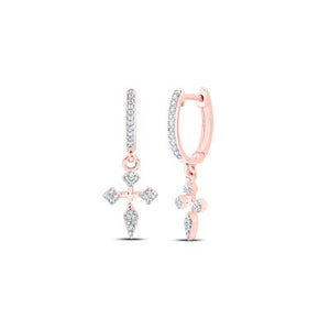 10K Rose Gold Diamond Cross Hoop Dangle Earrings 1/6 Cttw